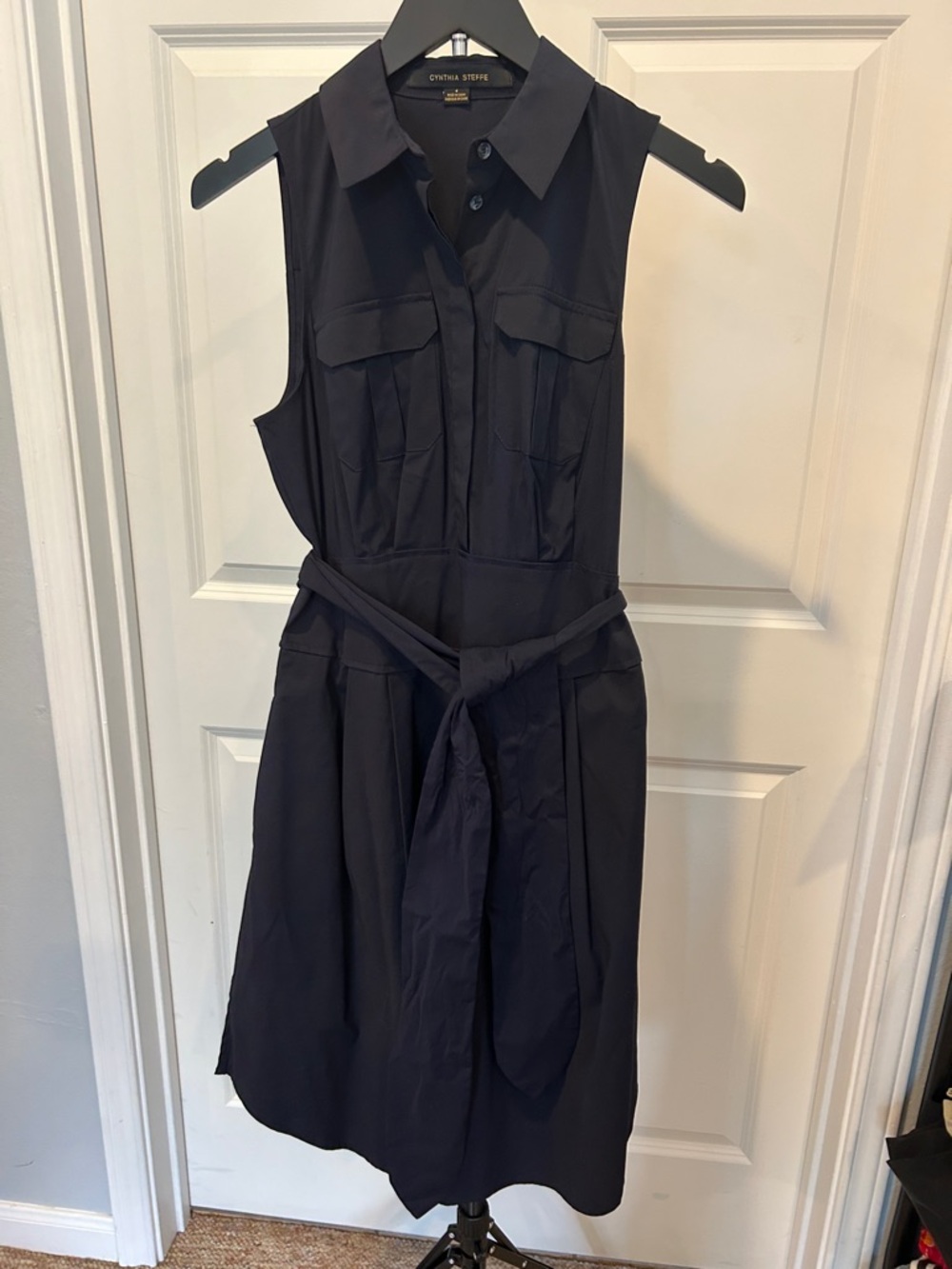 Cynthia Steffe Navy Sleeveless Shirt Dress with Waist Tie